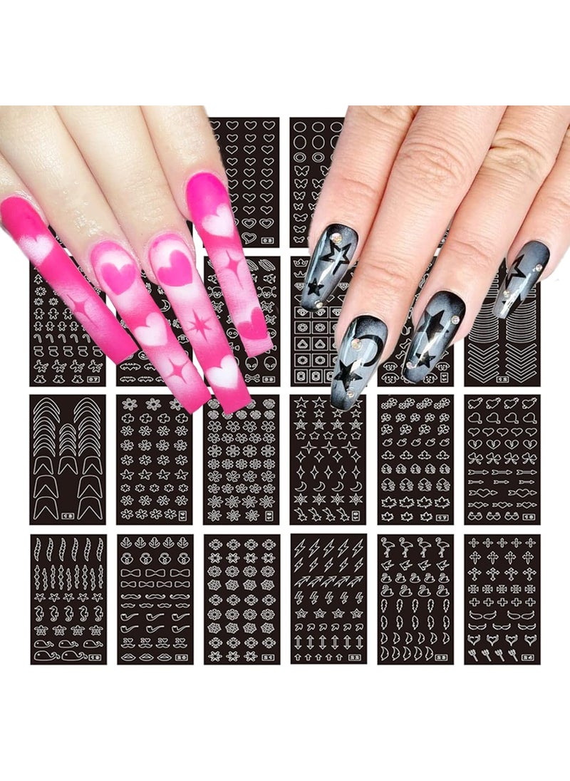 24 Sheets Airbrush Stencils Nail Stickers for Nail Art, French Nail Decals Printing Template Stencil Tool Moon Stars Heart Butterfly French Design Hollow (154 Designs)