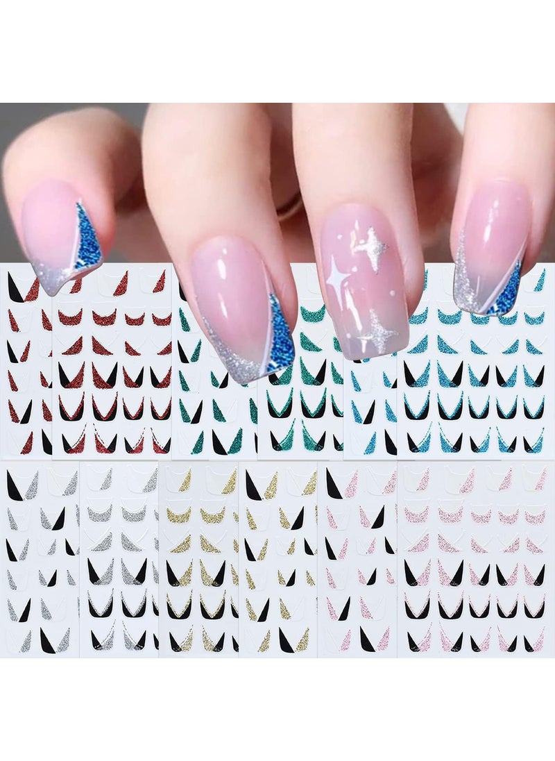 SILPECWEE 12 Sheets French Tip Nail Stickers Glitter Nail Art Stickers Decals Self-Adhesive Nail Designs Stickers 3D Nail Decoration for Nail Art French Manicure Sticker