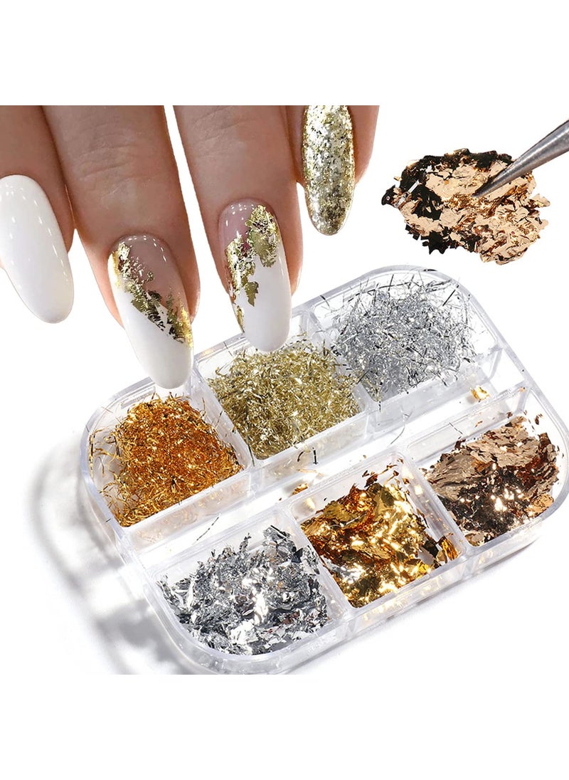 Holographic Glitter Nail Art Foil Flakes 3D Sparkly Aluminum Foil Flake Sequins Nail Art Supplies Gold Silver Nail Foil Glitter Designs Irregular Line Strip Nail Glitter for Acrylic Nails (6 Grids)