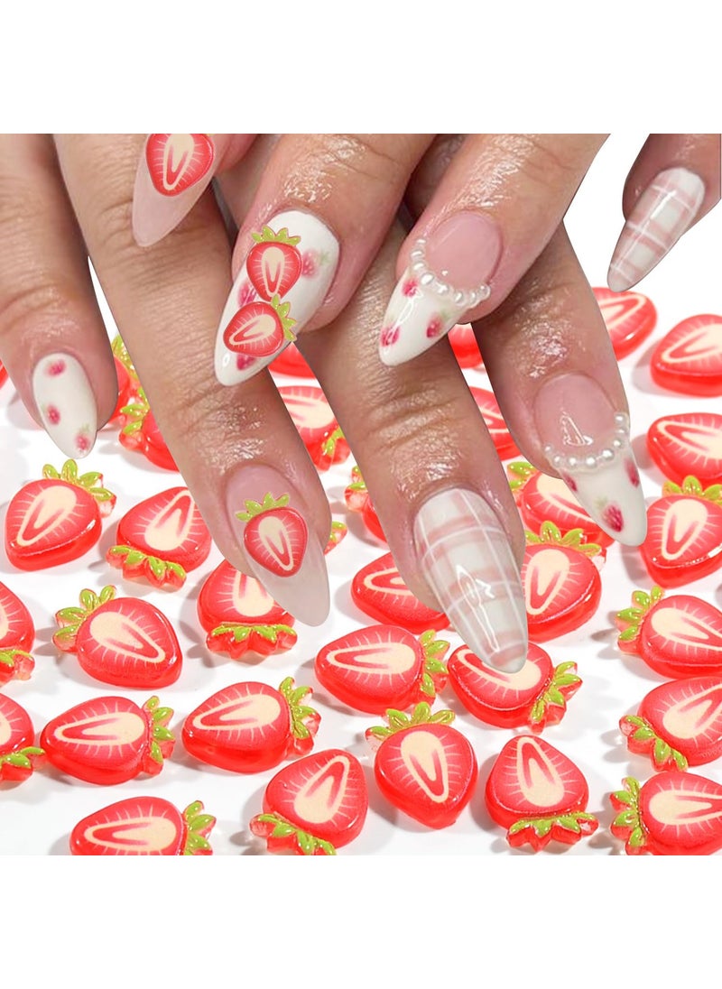 50PCS 3D Nail Charms Strawberry Fruit Resin Nail Art Charms Cute Strawberry Design Flatback Slime Resin Charms for Acrylic Nails DIY Craft Accessories