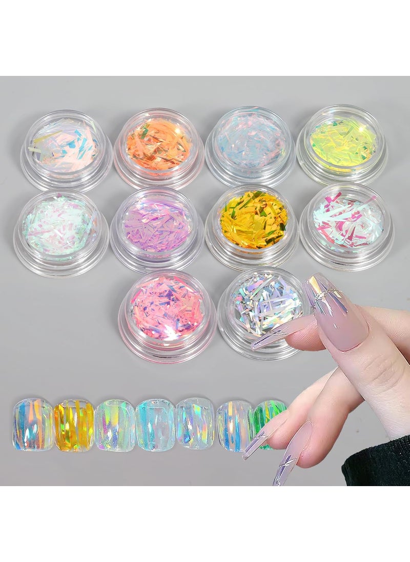10 Boxes Gradient Aurora Glass Paper Nail Sticker Foil Nail Art Holographic Multi-Color Glass Reflective Mirror Design Broken Stripe Line Nail Decals Cellophane Films(Color 1#-10#)
