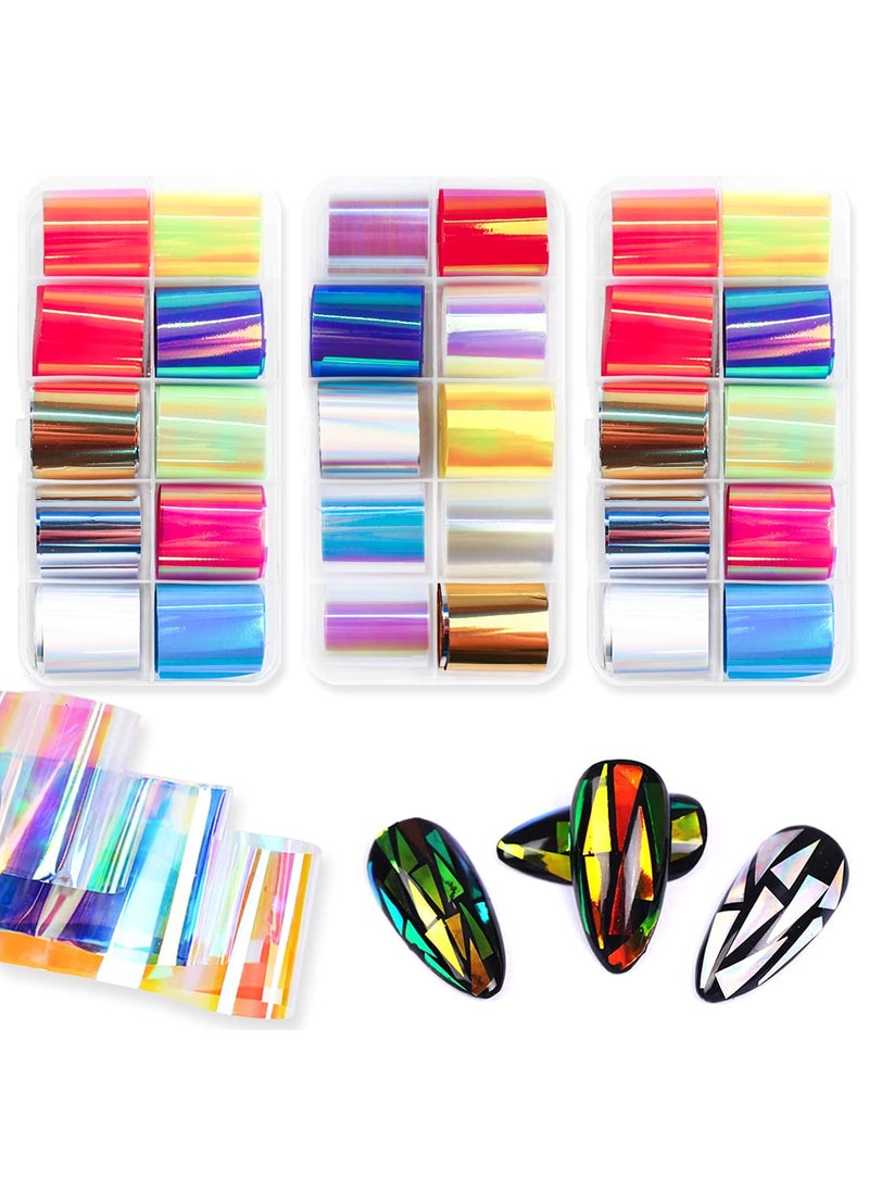 Glass Nail Foil Strips, 30 Rolls Aurora Laser Design Glass Fragments Paper Full Nail Wraps DIY&Salon Manicure Stickers Accessories