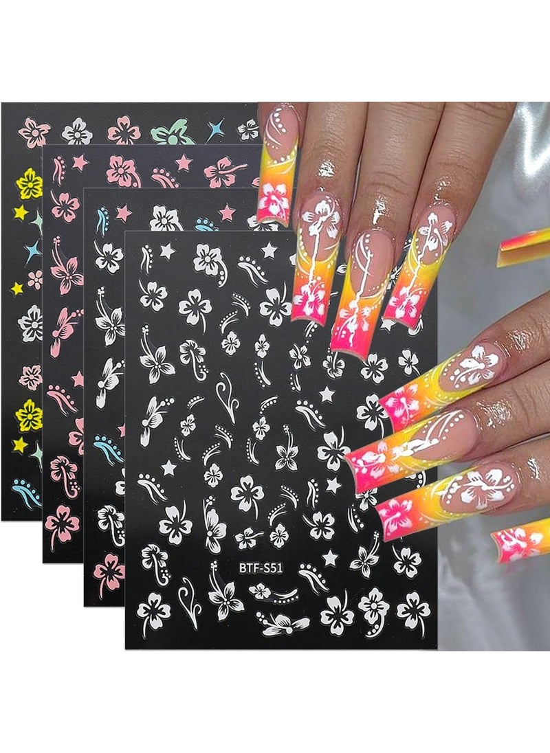 Dornail 8 Sheets 3D Colorful Flower Nail Stickers,Hollow White Hibiscus Flowers Nail Art Stickers Blooming Pink Hibiscus Floral Leaf Nail Decals for Women DIY Nail Art Supplies Nail Designs Nail Decor