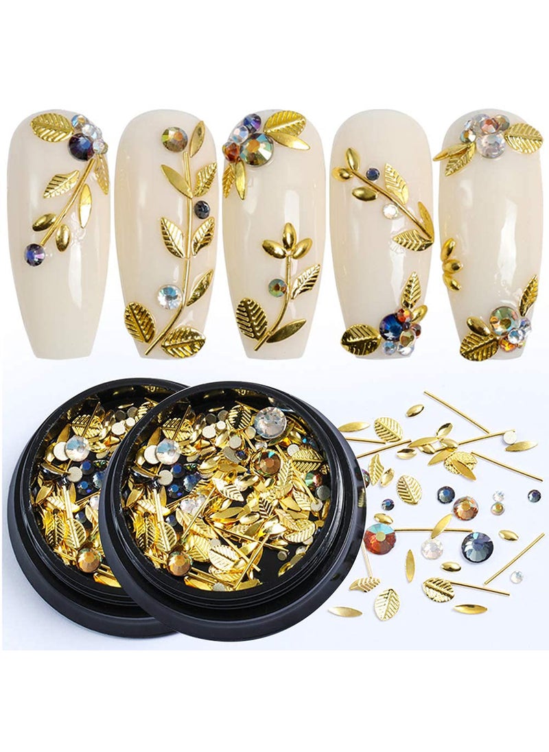 Nail Art Charms 3D Metal Nail Gems for Acrylic Nail Supplies, Holographic Gold Line Leaf Gems Sparkle Shape Design Decals DIY Manicure Jewelry Accessories for Women Girls Nail Decor