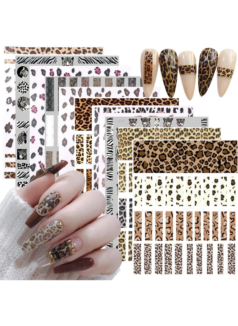 10 Sheets Leopard Print Nail Art Stickers 3D Self-Adhesive Nail Decals Holographic Leopard Line French Animal Nail Sticker for Women Girls DIY Manicure Tips Nail Charms Nail Art Decoration Supplies
