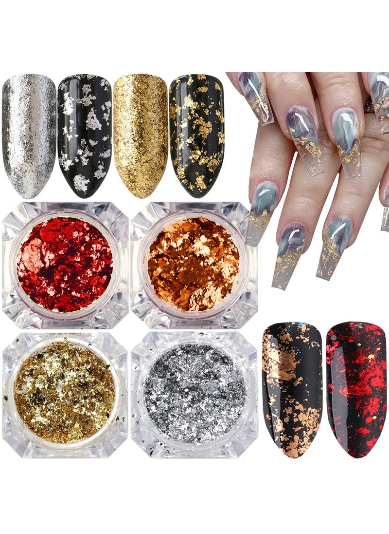 Holographic Nail Foil Glitter Flakes 3D Sparkly Aluminum Foil Flake Sequins Nail Art Accessories Rose Gold Red Silver Foils Glitter Nail Supplies Mirror Powder Acrylic Nails Decoration (4Boxes)