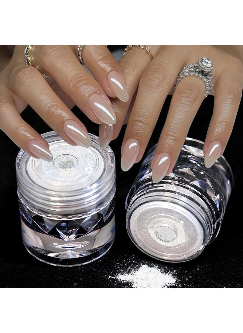 2Pcs Moonlight White Chrome Nail Powder, Aurora Pearl Chrome Nail Powder Magic Clear Pearlescent Mirror Effect Holographic Nail Glitter White Shimmer Sugar Pigment Dust for Nails Art Design 1g/Jar