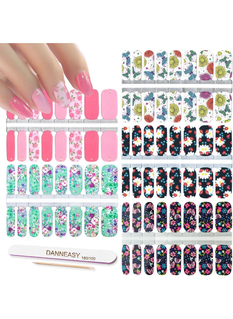 Thicker Nail Polish Strips Flowers Series, DANNEASY 5 Sheets Adhesive Nail Stickers Full Wraps Manicure DIY Kit With Nail File + Cuticle Stick