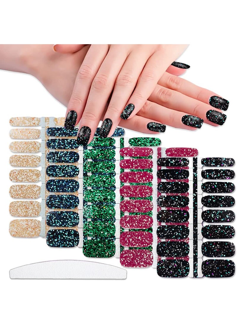 WOKOTO 5 Sheets Glitter Nail Stickers Full Nail Wraps for Women Girls with 1pc Nail File Stick On Nail Polish Strips Gel Nail Stickers Easy Nail Art Stickers Nail Gel Stickers Solid Gel Nail Wraps