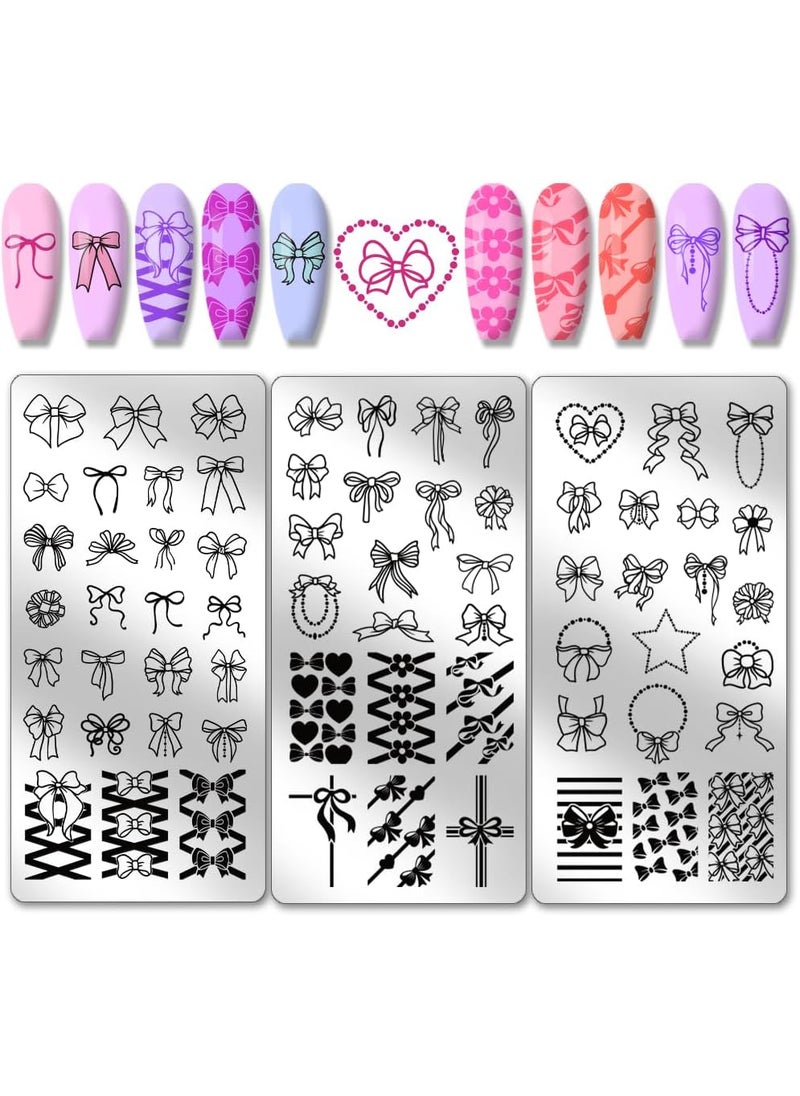 PH PandaHall 66 Patterns Bow Nail Stamper, 3pcs Nail Stamping Plate Cute Bowknot Nail Art Stencils Print Nail Stencils Stainless Steel Nail Plates for Nail Design Print Manicure Salon