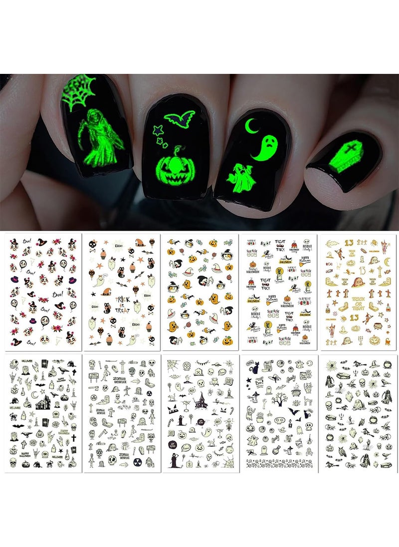 TailaiMei 10 Sheets Glow in The Dark Halloween Nail Stickers, Fluorescent Design Kids Nail Decals, Self-Adhesive DIY Nail Art Tips for Women Manicure