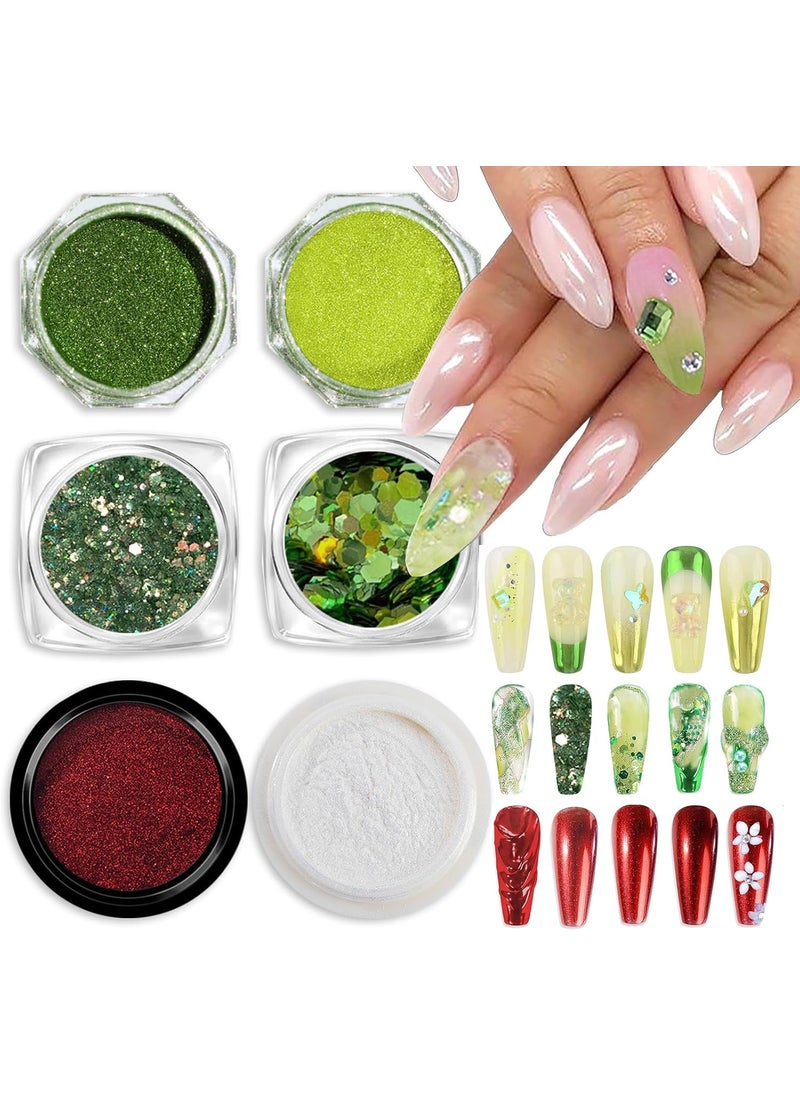 6Pcs Mermaid Red Chrome Nail Powder White Pearl Apple Green Mirror Effect Aurora Magic Pearlescent Nail Art Powder Pigment Dust Holographic Glitter Sequins Set for Manicure Decorations