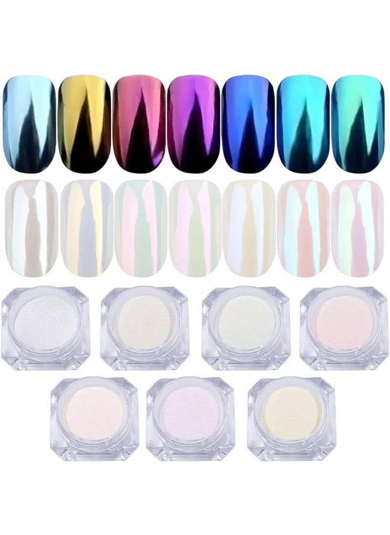7 Colors White Pearl Chrome Nail Powder, Metallic Aurora Powder Iridescent Mirror Effect Pigment Shell Powder Glitter Dust Kit, Manicure Powder for Nail Art Decoration