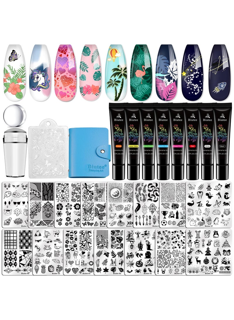 Biutee Nail Stamper Kit Nail Stamp Plate set 15 pcs Nail Plates 8 pcs Stamp Gel 1 pcs Nail Stamper Scraper Set Storage Bag Gift Box Nail Stamp Template Kit Flower Lace Flower Star Holiday Design