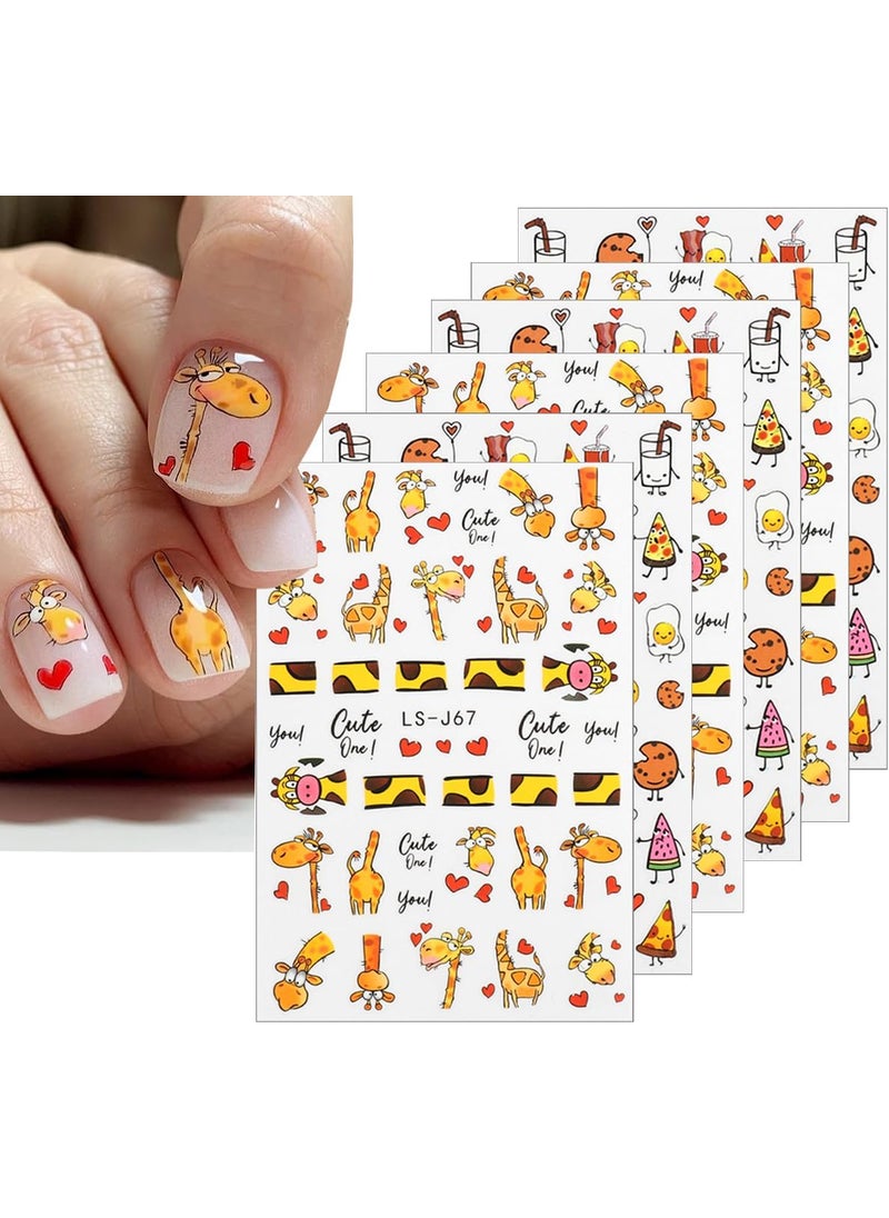 6 Sheets Cute Cartoon Giraffe Nail Stickers 3D Self-Adhesive Decals Cute Kawaii Nail Art Pizza Snack Fried Egg Design Sliders for Nails Water Transfer Decal for Women Girls Manicure Decoration