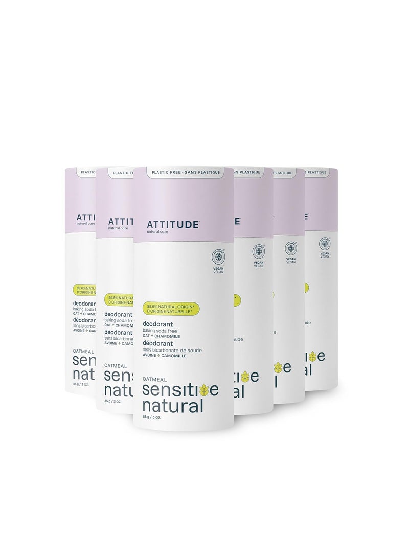ATTITUDE Baking Soda Free Deodorant for Sensitive Skin with Oatmeal and Chamomile, EWG Verified, Aluminum Free, Plastic-Free, 3 Ounces (Pack of 6)