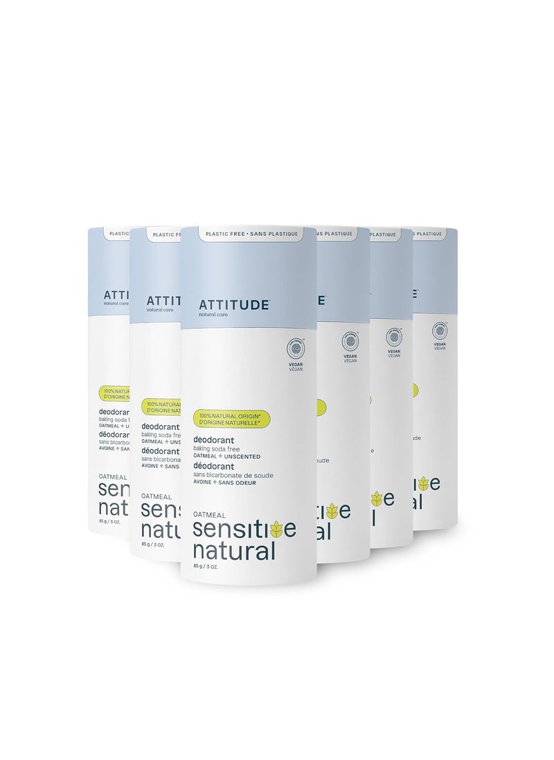 ATTITUDE Baking Soda Free Deodorant for Sensitive Skin with Oatmeal, EWG Verified, Aluminum Free, Plastic-Free, Unscented, 3 Ounces (Pack of 6)