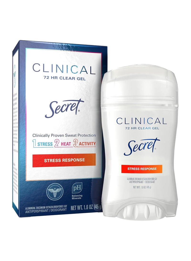Secret Clinical Strength Antiperspirant Deodorant for Women, Stress Response, 3X Stress Protection, 72hr Sweat & Odor Protection, PH Balancing Minerals, Clear Gel, 1.6 oz