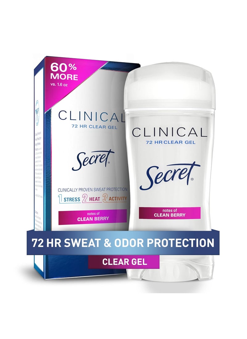 Secret Clinical Strength Antiperspirant Deodorant for Women, 3X Stress Protection, 72hr Sweat & Odor Protection, PH Balancing Minerals, Clear Gel, Clean Berry Scent, 2.6 oz