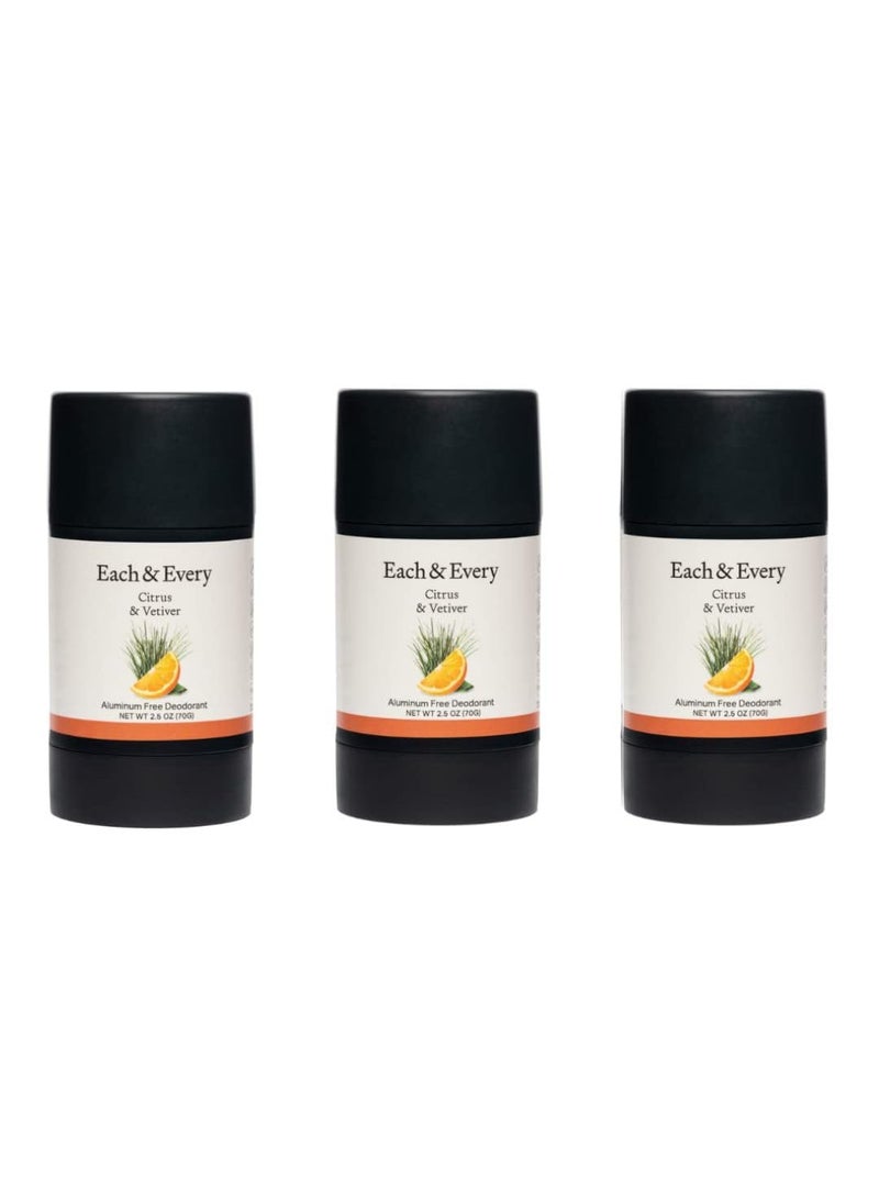 Each & Every All Natural Deodorant for Women & Men - Sensitive Skin, Plant-Based, Baking Soda & Aluminum-Free Deodorant - Long Lasting 24 Hr Odor Control - Citrus & Vetiver Travel Size (3 Pack, 2.5oz)