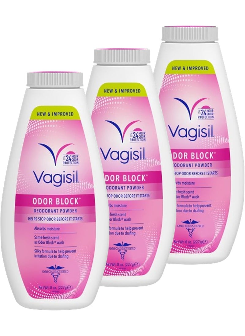 Vagisil Odor Block Deodorant Powder for Women, Helps to Prevents Chafing, Talc-Free, 8 Ounce (Pack of 3)