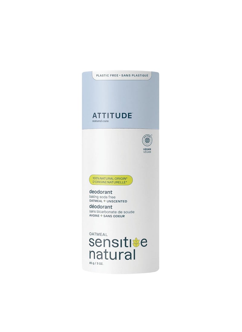 ATTITUDE Baking Soda Free Deodorant for Sensitive Skin with Oatmeal, EWG Verified, Aluminum Free, Plastic-Free, Unscented, 3 Ounces