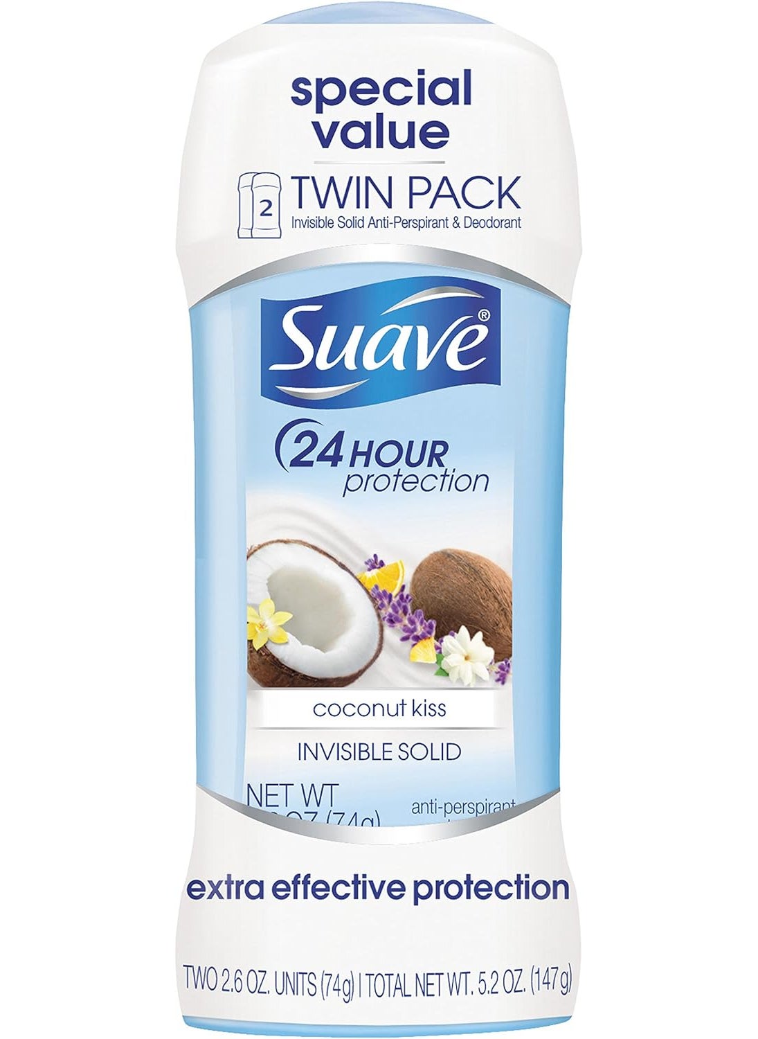Suave Coconut Kiss Antiperspirant Deodorant Stick, 2.6 oz, Twin Pack