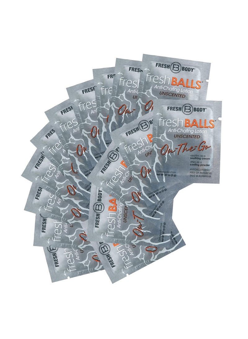 Fresh Body FB Fresh Balls On-The-Go Anti Chafing Lotion, 0.07 Fl oz Travel Size Packet (15 Pack) Ball Deodorant for Men and Soothing Chafing Cream to Powder Hygiene for Groin Area