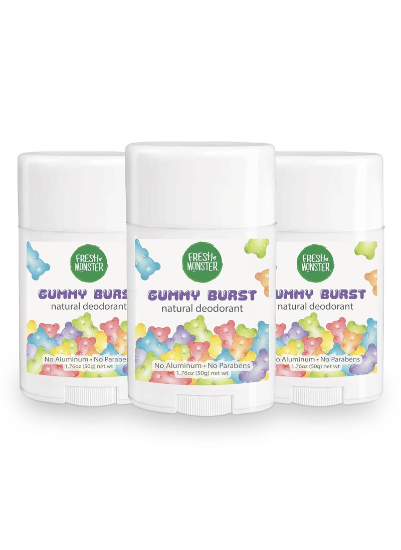 Fresh Monster Natural Deodorant for Kids and Teens I Aluminum-Free, Paraben-Free and Hypoallergenic I Dermatologist Tested I 24-Hour Protection I Gummy Burst I 1.76 oz I 3 Pack