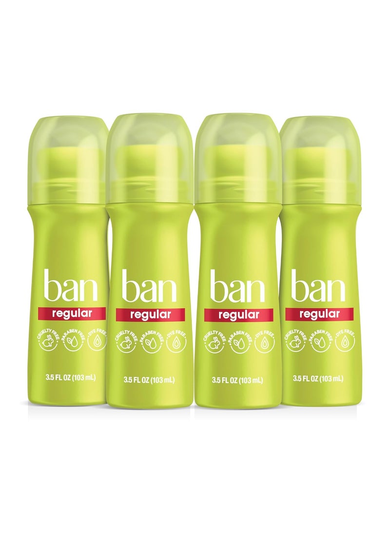 Ban Invisible Roll-on Antiperspirant Deodorant for Women and Men, 24-hour Underarm Odor & Sweat Protection, Regular Scent, 3.5 Oz, Pack of 4