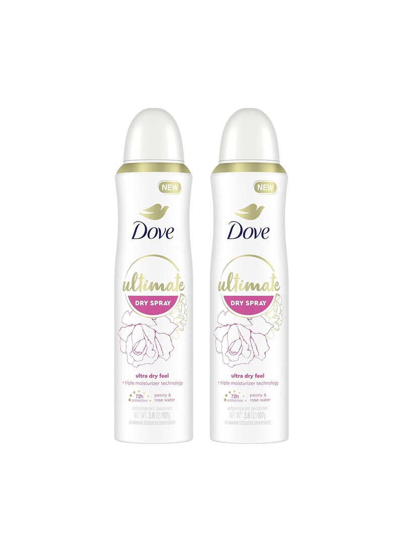 Dove Ultimate Dry Spray Antiperspirant Peony And Rose Water 2 Count For 72-Hour Sweat And Odor Protection With Triple Moisturizer Technology 3.8oz