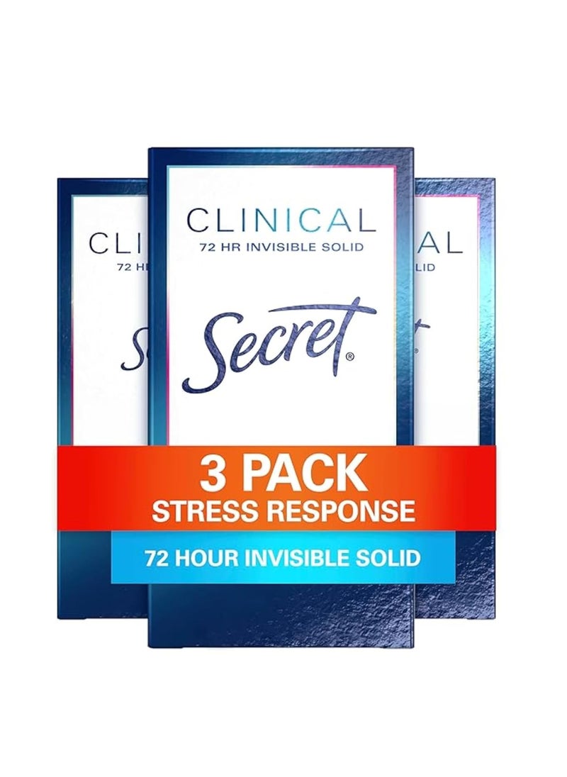 Secret Clinical Strength Antiperspirant Deodorant for Women, Stress Response, 3X Stress Protection, 72hr Sweat & Odor Protection, PH Balancing Minerals, Invisible Solid, 1.6 oz (Pack of 3)