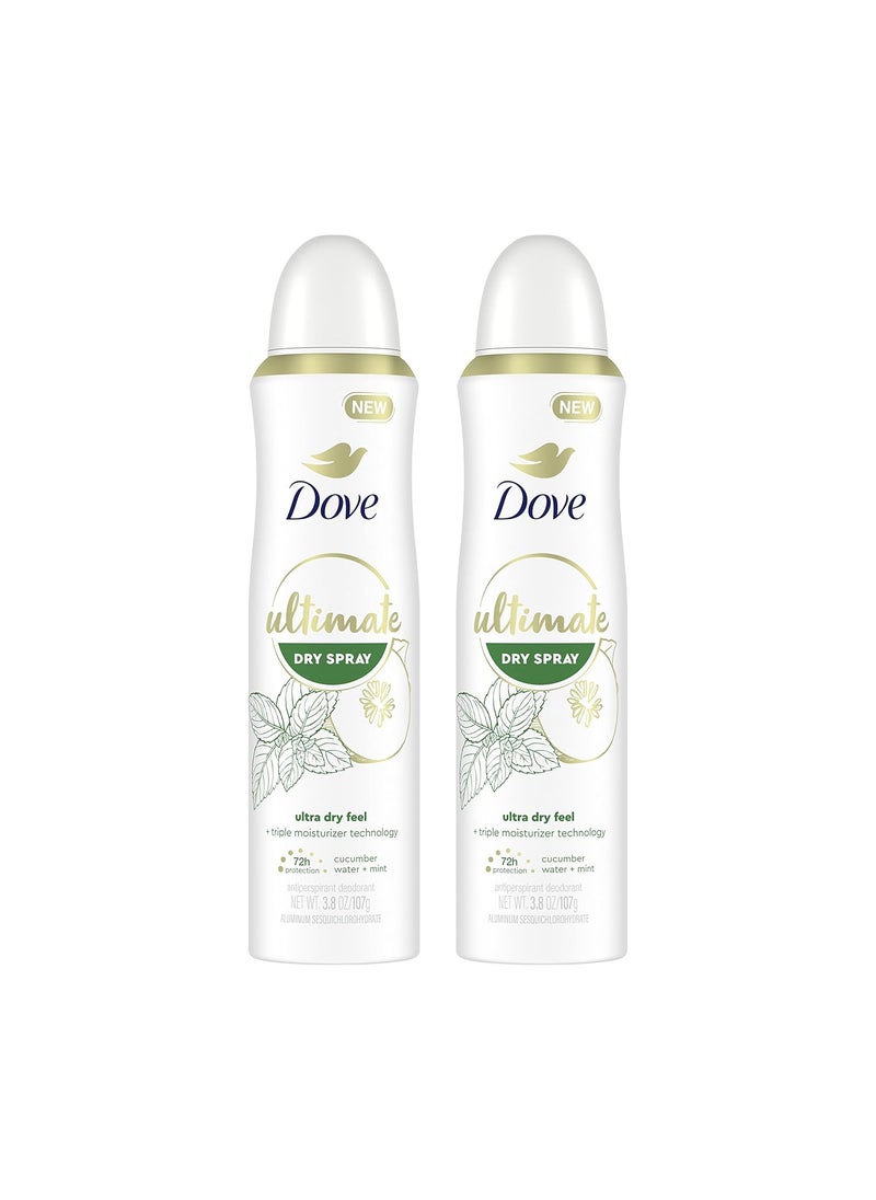 Dove Ultimate Dry Spray Antiperspirant Cucumber Water And Mint 2 Count For 72-Hour Sweat And Odor Protection With Triple Moisturizer Technology 3.8oz