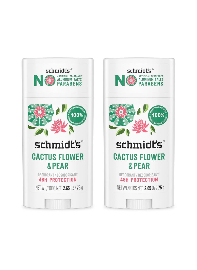 Schmidt's Aluminum-Free Vegan Deodorant Cactus Flower & Pear with 24-Hour Odor Protection, 2 Count for Women and Men, Natural Ingredients, Cruelty-Free, 2.65 oz