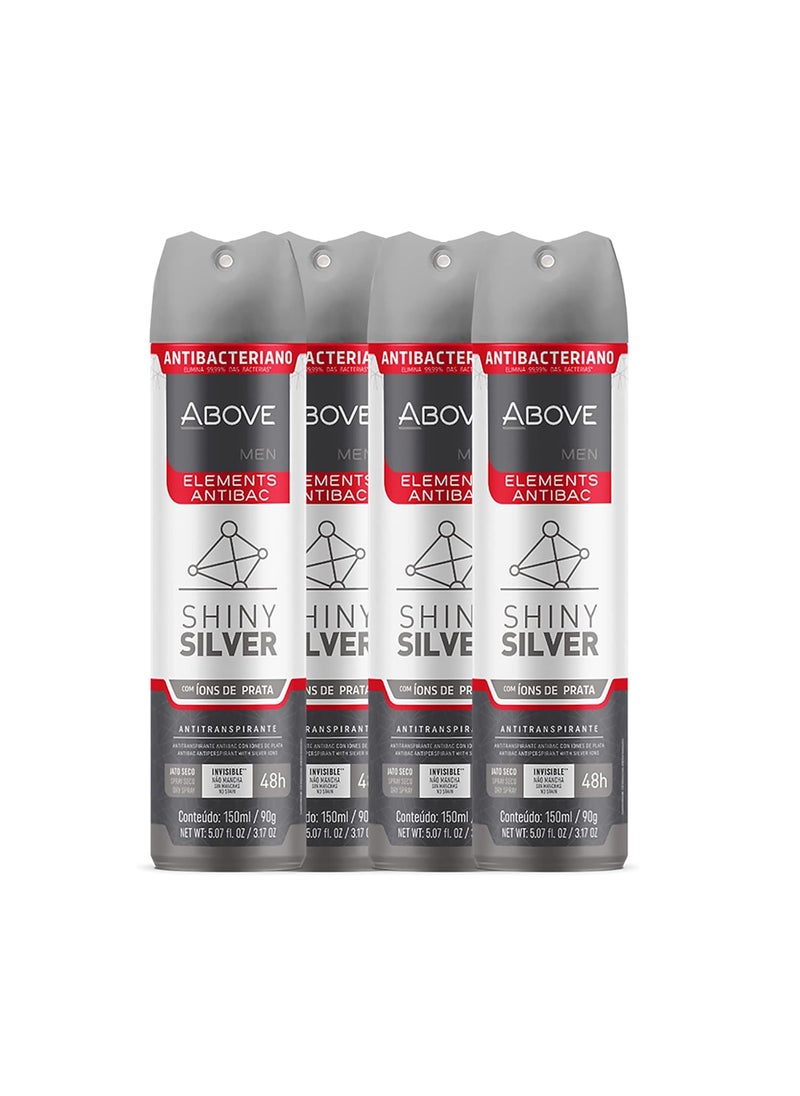 ABOVE Shiny Silver - 48 Hours Elements Antiperspirant Deodorant Set for Men - Notes of Jasmine and Mint - Dry Spray Protects Against Sweat and Body Odor - Instant Freshness - Stain Free - 4 pc