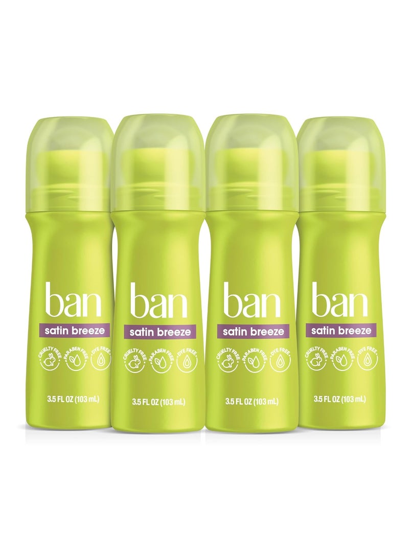 Ban Invisible Roll-on Antiperspirant Deodorant for Women and Men, 24-hour Underarm Odor & Sweat Protection, Satin Breeze, 3.5 Oz, Pack of 4