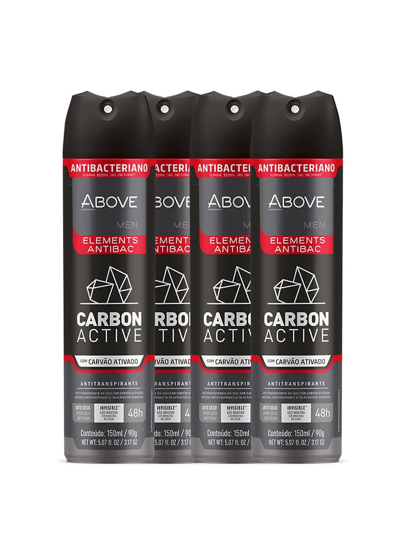 ABOVE 48 Hours Element Antiperspirant Deodorant Spray Set, Carbon Active, 4 Pcs - Deodorant for Men - Mint, Mandarin, and Orange Notes - Stain-Free