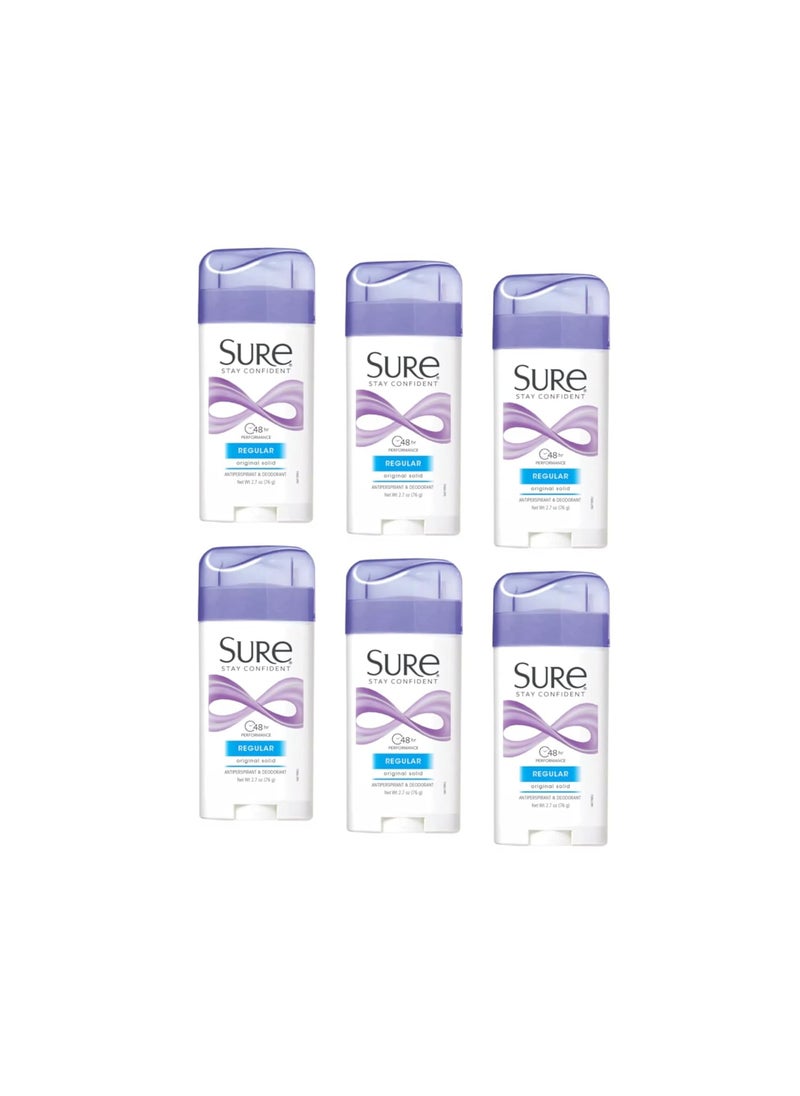 SURE, Antiperspirant Deodorant, Solid, Regular, 2.6 oz., (6 Pack)