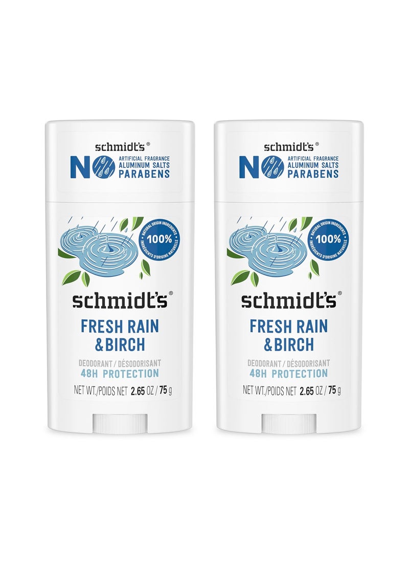 Schmidt's Aluminum-Free Vegan Deodorant Fresh Rain & Birch with 24 Hour Odor Protection, 2 Count for Women and Men, Natural Ingredients, Cruelty-Free, 2.65 oz