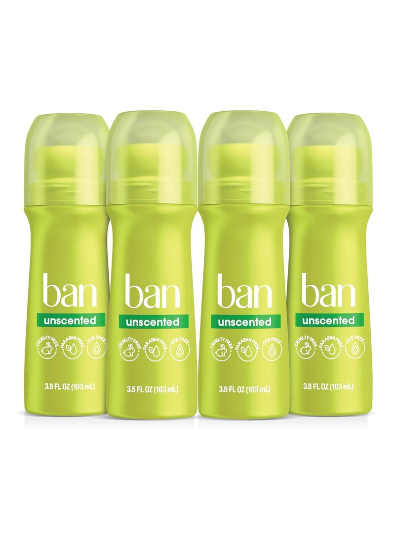 Ban Original Unscented 24-hour Invisible Antiperspirant, 3.5oz Roll-on Deodorant, 4-pack, Underarm Wetness Protection, with Odor-fighting Ingredients