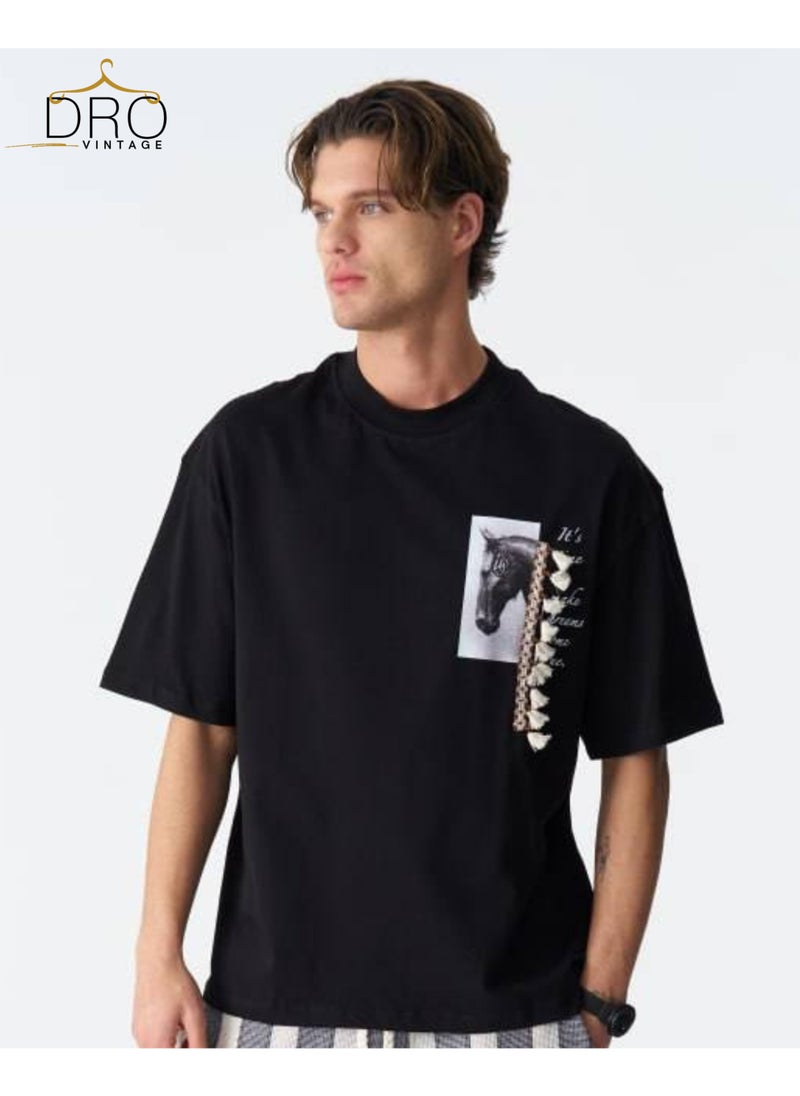Black Unisex Graphic T-Shirt with Horse Print