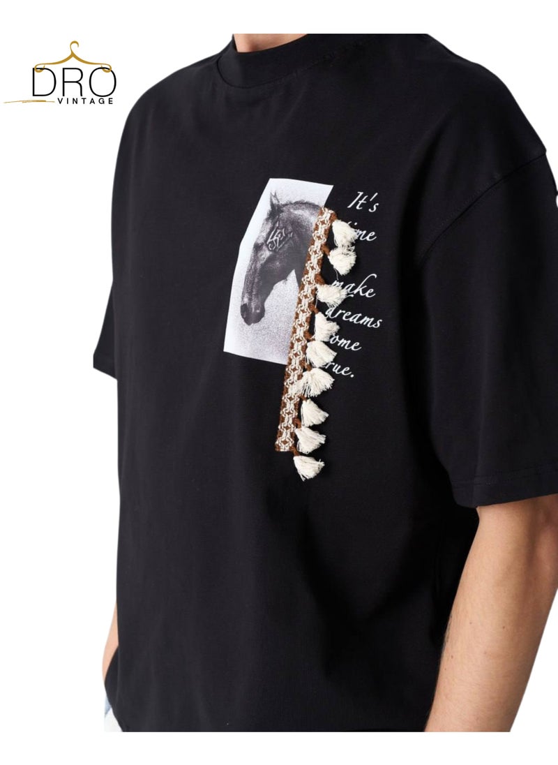Black Unisex Graphic T-Shirt with Horse Print