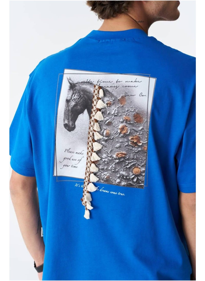 Blue Graphic T-Shirt with Horse Print