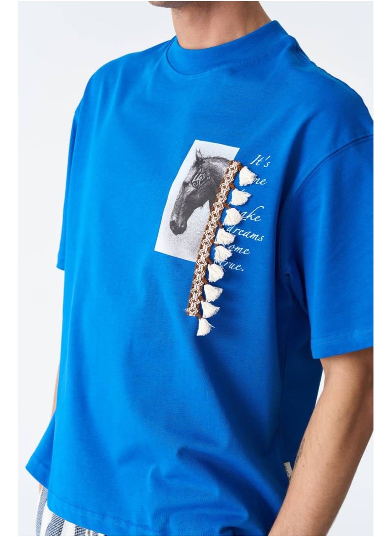 Blue Graphic T-Shirt with Horse Print