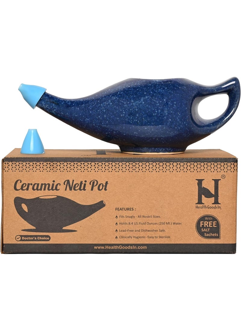 Ceramic Neti Pot Sinus Rinse Nasal Wash with Salt, Dishwasher Safe, 225 Ml. Capacity (Blue Dapple)