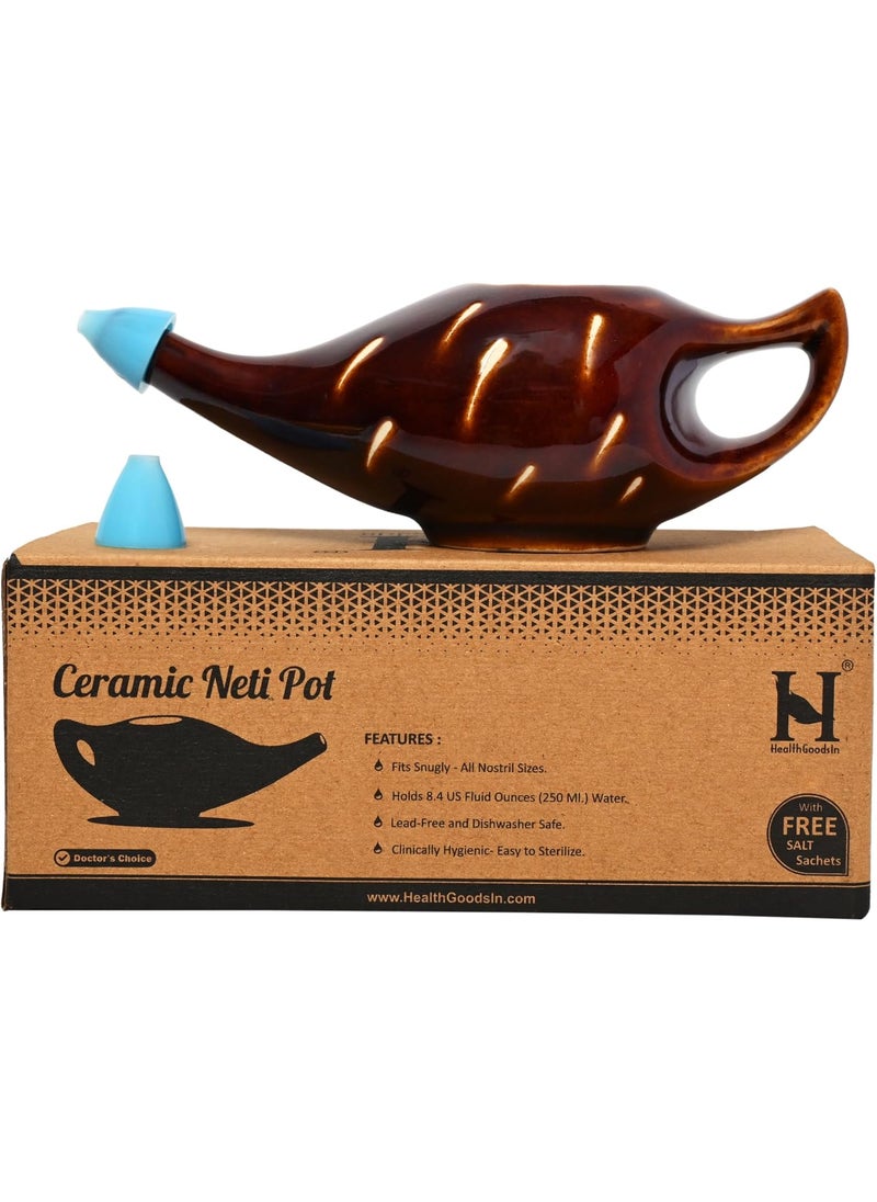 HealthGoodsIn Premium Handcrafted Durable Ceramic Neti Pot, Nose Cleaner for Sinus, Dishwasher Safe with 2 Silicone Nozzle Tip, Holds 225 Ml. (Dark Brown Color)