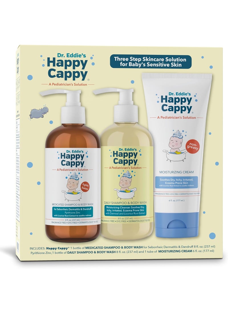 Happy Cappy Three Step Skincare Solution Bundle- Baby Dandruff Shampoo, Eczema Body Wash and Lotion for Kids, Toddler, Adults, Moisturizing Cream, Reduces Itching, Dermatologist Tested, Fragrance-Free
