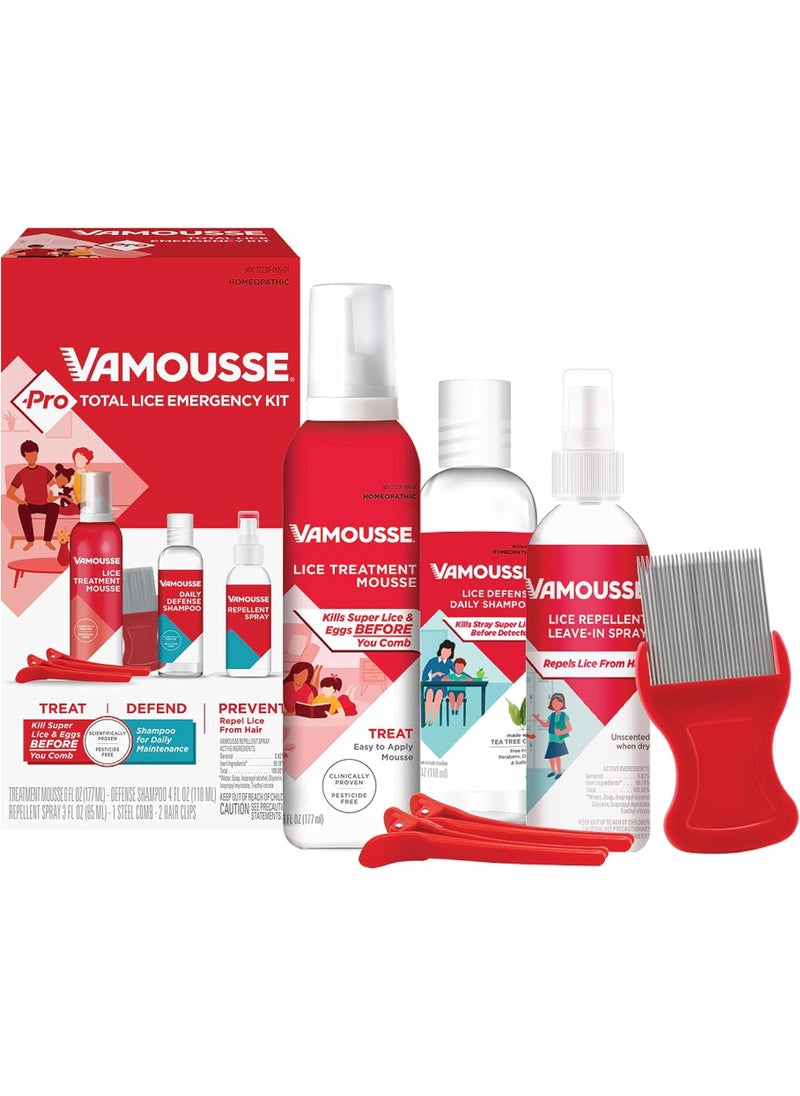Vamousse PRO Lice Emergency Kit, Includes Lice Treatment Mousse (6 Oz), Daily Shampoo (4 Oz), Repellent Spray (3 Oz), Steel Comb & 2 Clips, for Kids & Adults, Ideal for Daily Use