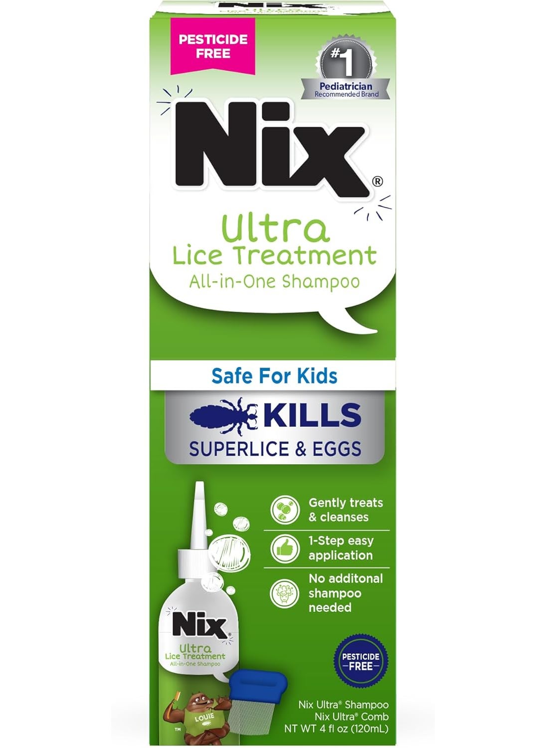 Nix Ultra Superlice Treatment, All-in-One Shampoo, 4 Fl Oz & Lice Removal Comb