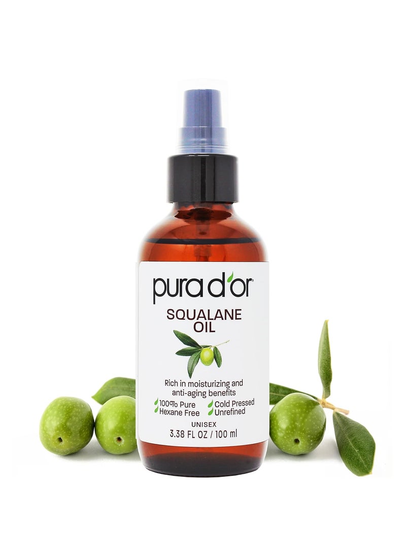 PURA D'OR 3.38 Oz Squalane Oil - Non-GMO 100% Pure & Natural - Moisturizer For Face, Hair And Body - Vegan, Cruelty-Free with Anti-Aging Benefits - Men & Women - Travel Size